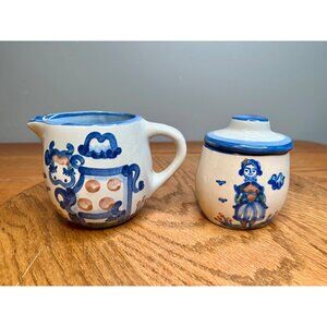 Vintage M.A. Hadley Hand Painted Stoneware Pottery Covered Sugar Bowl and Creame